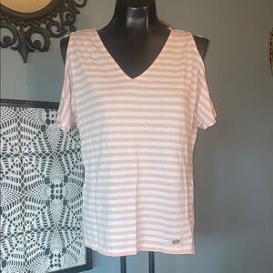 Michael Kors Pink & White Striped V-Neck Cold-Shoulder Tee